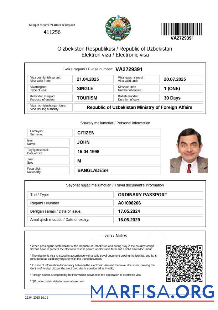 Realistic Uzbekistan electronic visa template in Word and Pdf formats, version 2